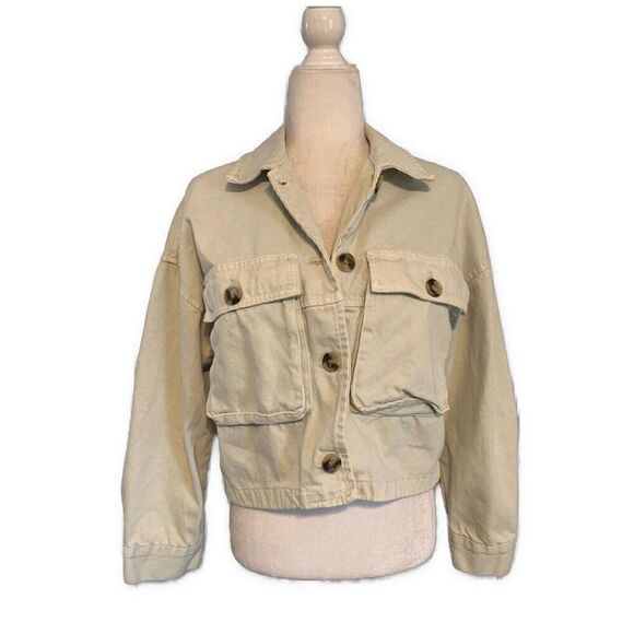 Zara Solid Tea Green Long Sleeve Denim Jean Long Sleeve Crop Jacket Small - Picture 1 of 4